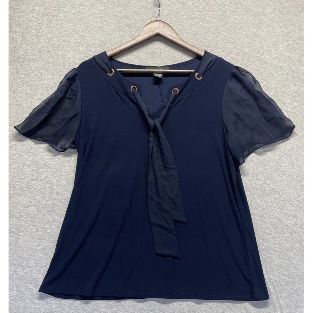 Adele & May Blouse Top Womens XL Blue Stretch Split Neck Tie Sheer Short Sleeve